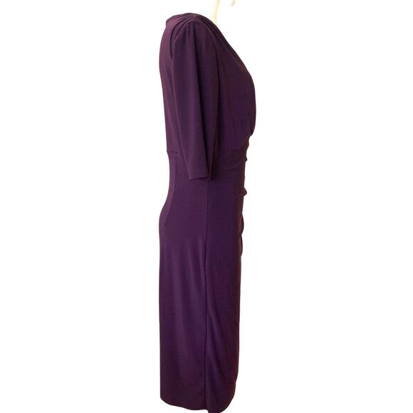 Lauren Ralph Lauren Dress Size 8 Purple Faux Wrap Ruched Short Sleeve V Neck - Picture 7 of 9